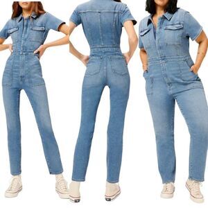 Anthro Good American Fit For Success Jumpsuit 3 Denim Light‎ Wash Recycle Cotton